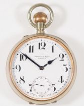 Edward & Sons, Glasgow, a nickel keyless wind open face Goliath pocket watch, 74mm. Working when