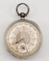 A Swiss silver key wind open face pocket watch, the silver dial with applied gold numerals and