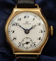 Omega, a 9ct gold Art Deco manual wind ladies wristwatch, Birmingham 1935, white enamel dial, 15