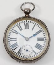 A Swiss 935 silver open face key wind pocket watch, large Roman numerals, 53mm. Working when