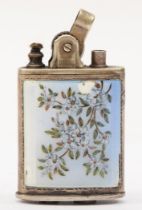 A Ronson silver and enamel petrol lighter, stamped STERLING SILVER, with guilloche enamel blossom
