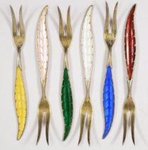 Ottar Hval, a Norwegian silver gilt and enamel set of six pickle forks, Oslo, c.1960's, each with