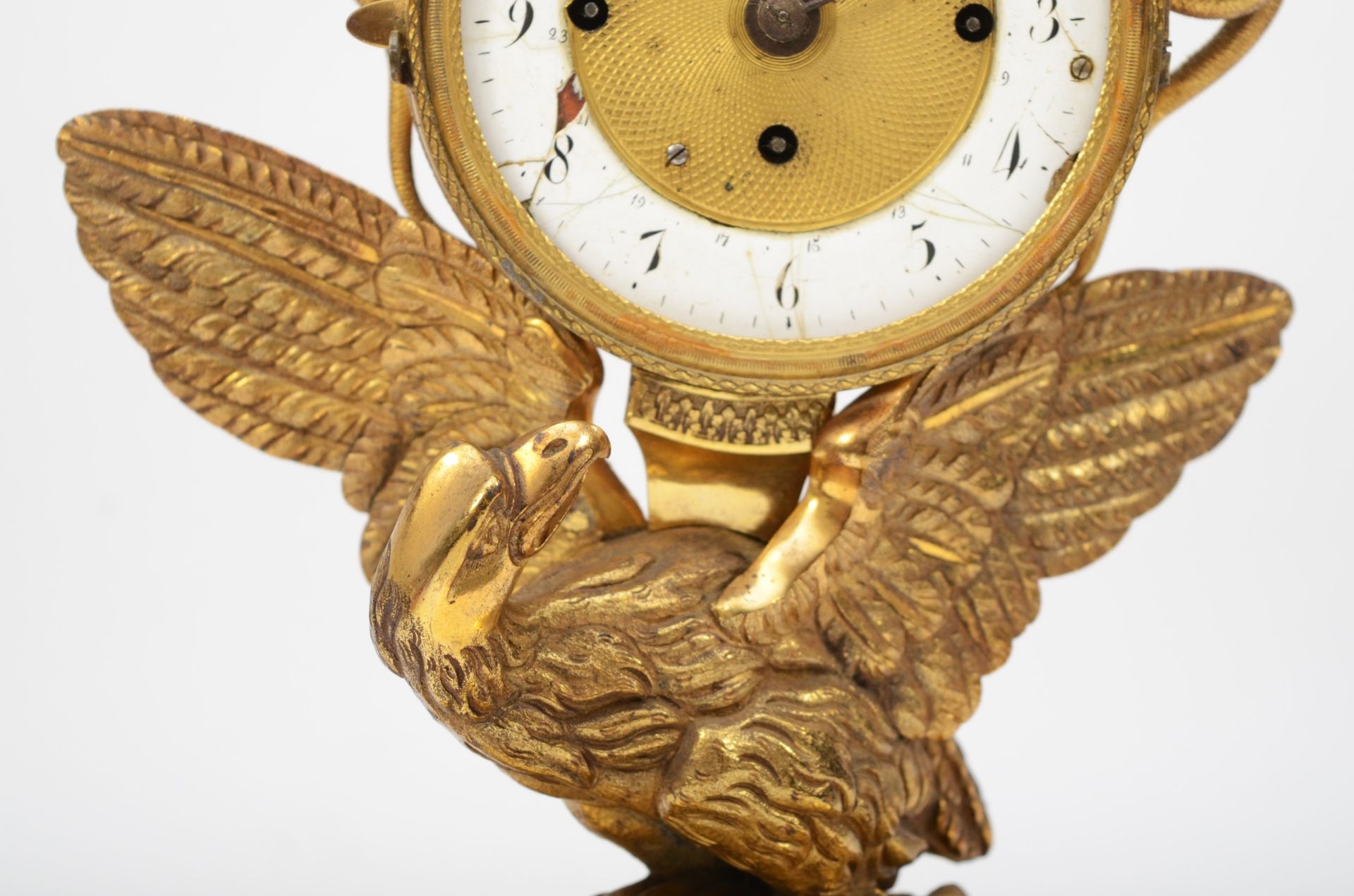 A 19th century gilt brass striking and calendar mantle clock, the white enamel chapter ring with - Image 2 of 8
