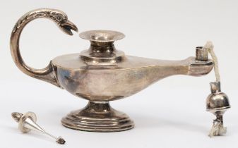 A silver "Aladdin's Lamp" petrol table lighter, Birmingham 1926, with eagles head handle, 15.5cm,