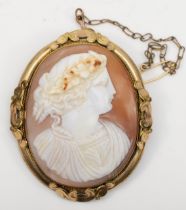 A Victorian gold plated carved shell cameo, depicting a classical maiden, 50 x 40mm.