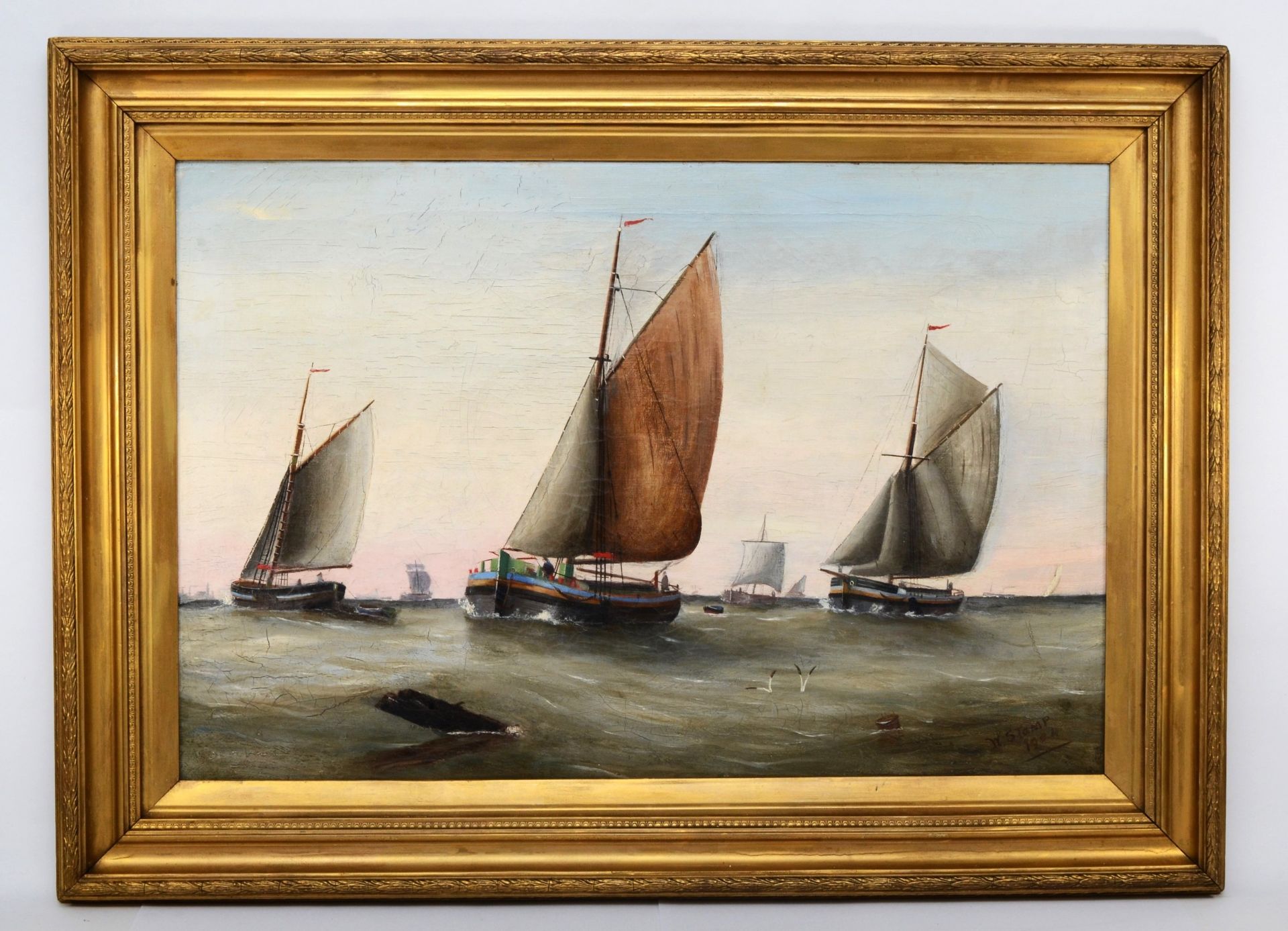 W. Stamp, 19th century, sailing barges, oil on canvas, signed and dated 1904, 50 x 75cm