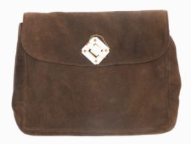 A French brown suede clutch bag, with gold mounted ivory clasp, bearing control marks, set with