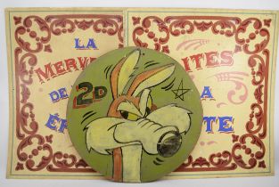 Two French paper mounted on plastic fairground/fete signs, 77cm x 71cm together with a painted