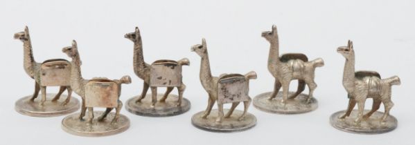 An unusual set of six Bolivian cast silver lama menu/place name holders, raised on 1882 - 1900