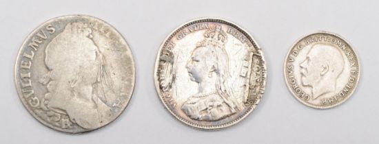 A William III silver shilling, 1697, first bust, Mint mark B bottom left, 25mm, 5.5gm, together with