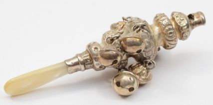 A Victorian silver and mother of pearl rattle, by Colen Cheshire, Birmingham 1887, with floral