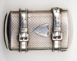 A Victorian silver rounded rectangular vesta case, by George Unite, Birmingham 1877, with buckle and