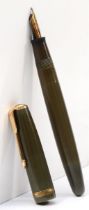 Parker, a Duofold green bodied fountain pen, 14k nib, 13cm.