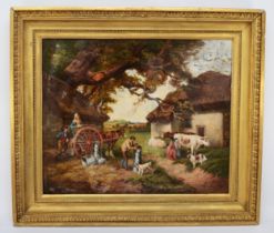 19th century, milking by cottages and trees, oil on canvas, unsigned, 51 x 62cm