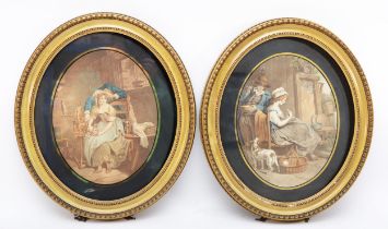 Industry & Idleness, a pair of coloured 19th century coloured mezzotints, each of a lady