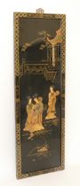 An early 20th century Chinese lacquer panel decorated with applied three Chinese ladies standing