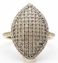 A 9ct gold and single cut diamond navette cluster ring, head 23 x 15mm, K, 4.1gm