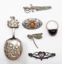 Four Edwardian hallmarked silver brooches, and a ladies hallmarked silver ring, size P, together