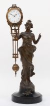 A 20th century novelty bronzed spelter mystery clock in the form of a classical maiden, raised on