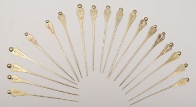 An Italian late 19th century set of nineteen silver hair pins, fuseii or spazzaùrecc, stamped