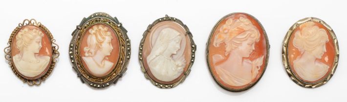 Five silver shell cameo brooches depicting classical maidens to include a silver and 8ct deposit