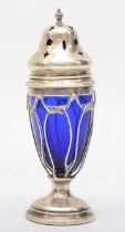 An early 20th century silver and blue glass sugar shaker, by Jones & Crompton, Birmingham date