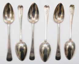 A set of six Georgian old English pattern tea spoons, by SH, London 1806, monogrammed 105gm.