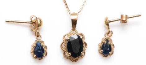 A gold sapphire pendant, unmarked, on 375 gold chain, together with a pair of unmarked gold sapphire