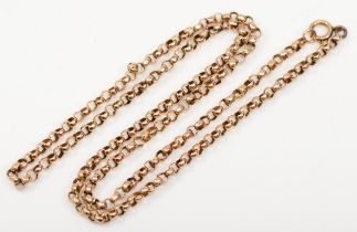 An early 20th century gold belcher chain, unmarked, replacement clasp, 50cm, 7.7gm.