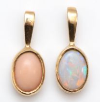A 9ct gold opal pendant, flashes of red, blue and green, 14mm, together with a 9ct gold coral