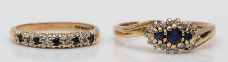 Two 9ct gold sapphire and diamond dress rings, cluster Q, row K, 4.3gm.