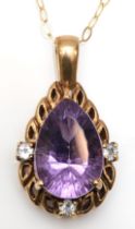 A 9ct gold amethyst and brilliant cut white stone pendant, on 9k chain, 21mm, 2.5gm.