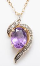 A 9ct gold amethyst and illusion set diamond pendant, on 9k gold chain, 21mm, 2.2gm.