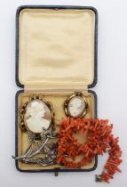 Two Victorian gold plated shell cameo brooches, a sterling silver marcasite floral brooch, 54mm,