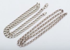 A silver flat link chain, 46cm, together with a silver belcher chain, 46gm.