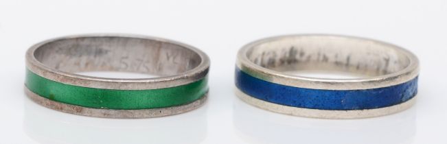 Two Norwegian silver and enamel rings, by David Anderson, blue L-M, green M-N, 4gm.