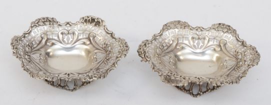 A pair of Victorian bon bon dishes, by James Deakin, London 1894, with embossed floral and pierced