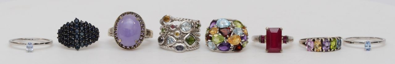 Eight silver gem set rings to include a multi gem set cluster ring, L, 41gm.