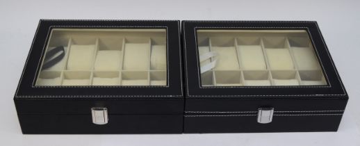 Two faux brown leather watch cases, with 10 compartments, 20 x 25.5 x 8cm.