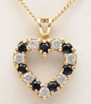 A 375 gold sapphire and cubic zirconia heart shaped pendant, on 375 gold chain, 18 x 13mm, 2.4gm.