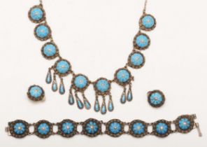 A continental silver enameled suite of jewellery, comprising of a necklace with drops, 41cm, an