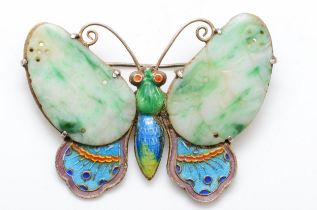 A Chinese export mid 20th century silver and enamel jadeite butterfly brooch, 47 x 32mm, 9gm.