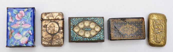 Two match box holders with enamel and paste stone, a black lacquered snuff box and two vesta cases.