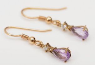 A pair of 375 gold amethyst and white sapphire drop earrings, 30mm, 1.5gm.