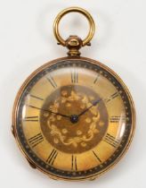 An early 20th century 18k gold open faced key wind fob watch, makers mark rubbed, stamped 16965, the