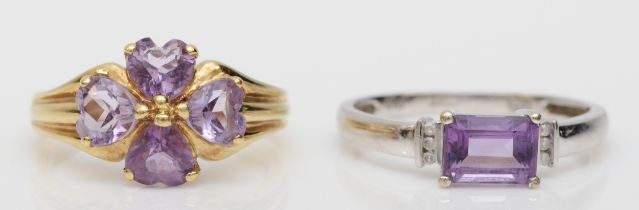 A 9ct gold heart shaped cut amethyst floral dress ring, M, together with a 9ct white gold emerald