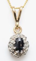 A 9ct gold sapphire and illusion set diamond pendant, on 375 gold chain, 1.6gm.