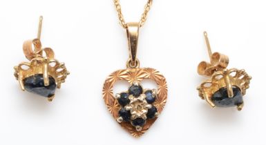 A 9ct gold sapphire and eight cut diamond floral heart shaped pendant, on 375 gold chain, 17mm,