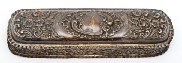 A Victorian silver dressing table box, London 1896, embossed floral and foliate scroll decoration,