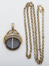 A 9ct gold belcher link chain, 8.6gm, with a gold plated agate and bloodstone swivel watch fob.